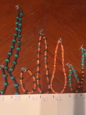 Handmade Turquoise & Orange Bead Necklace and Bracelet Set. Various prices